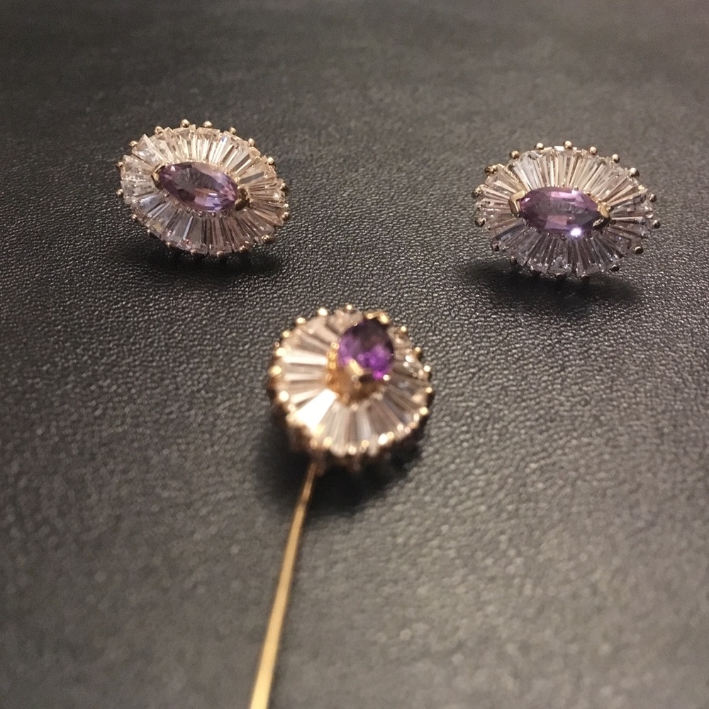 Faux Diamond/Amethyst Earrings And Broach Set